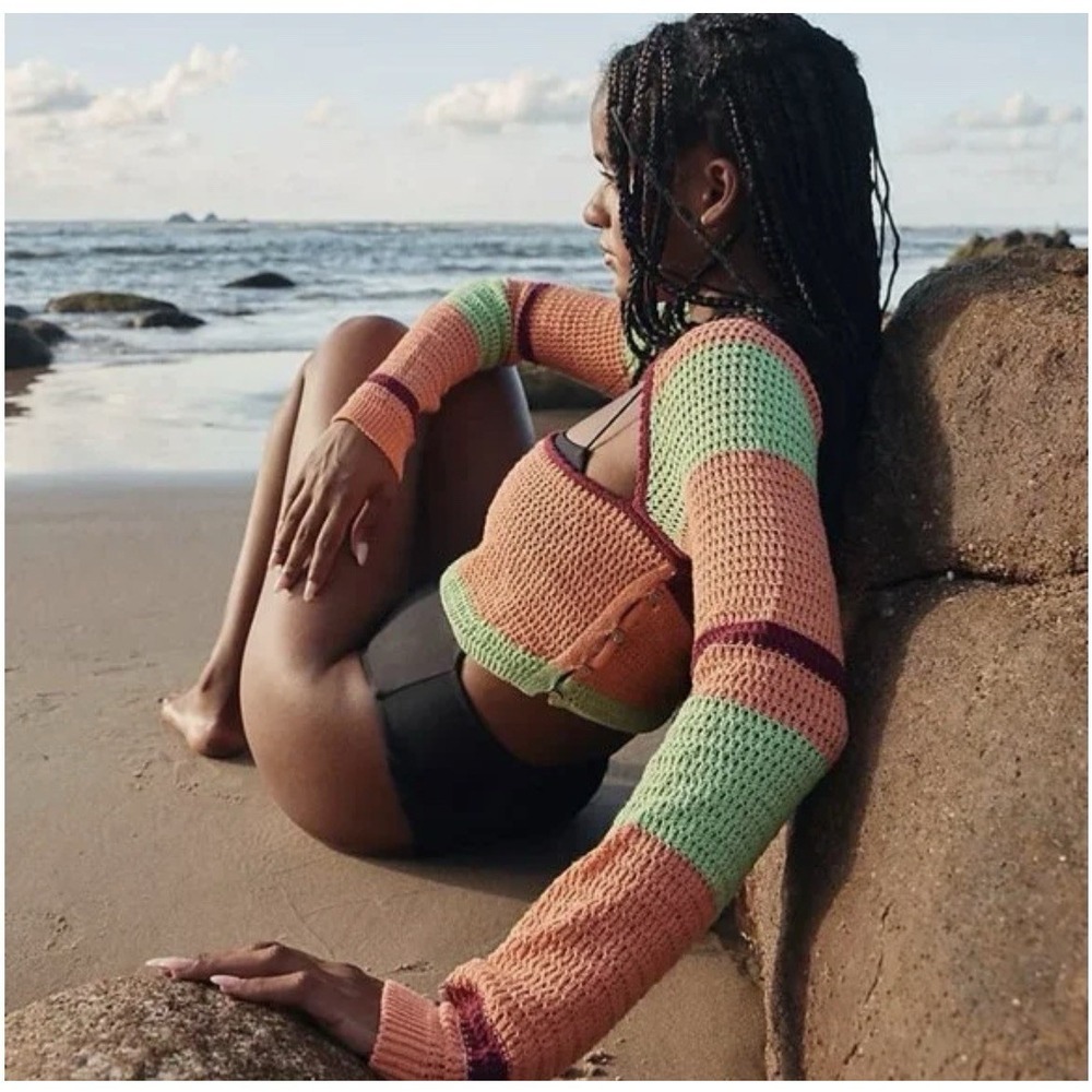 Free People Beach Long-Sleeve Faux Crochet Striped Sweater Crop XS